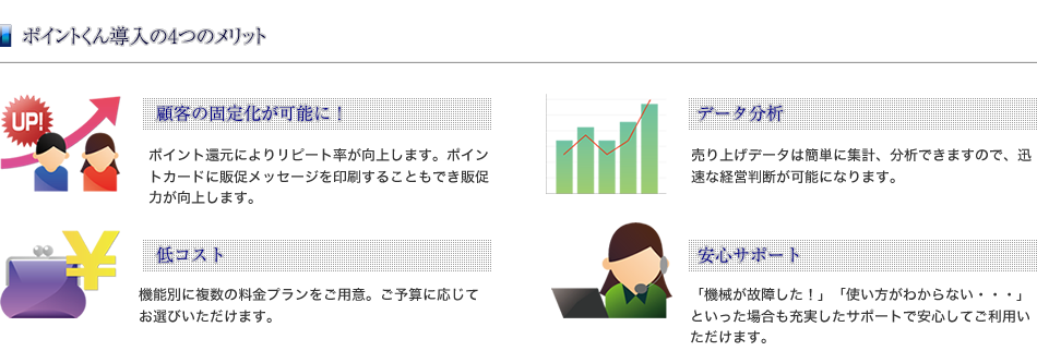 顧客の固定化・リピート率の上昇・豊富なデータ分析・低コスト・安心サポート
