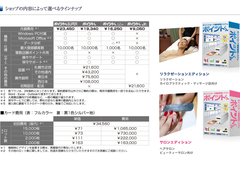 ポイントくん価格表・ラインナップ・リラクゼーションエディション・サロンエディション